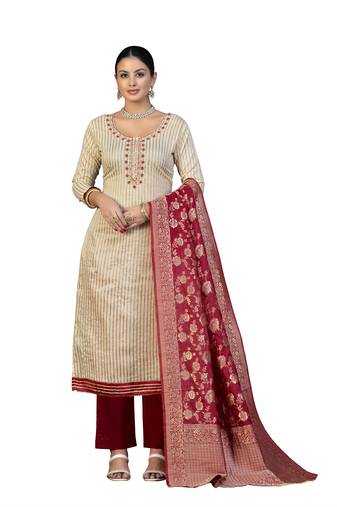 Women's beige unstitched hand work cotton dress material 