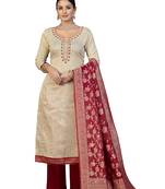 Women's beige hand work cotton dress material