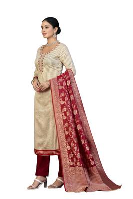 Women's beige hand work cotton dress material 2