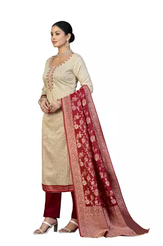 Women's beige hand work cotton dress material