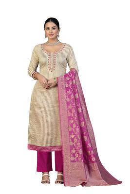 Women's beige hand work cotton dress material 1