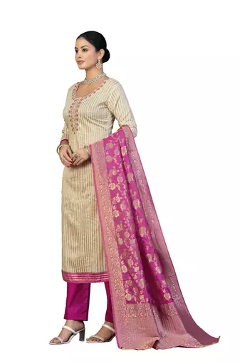 Women's beige hand work cotton dress material