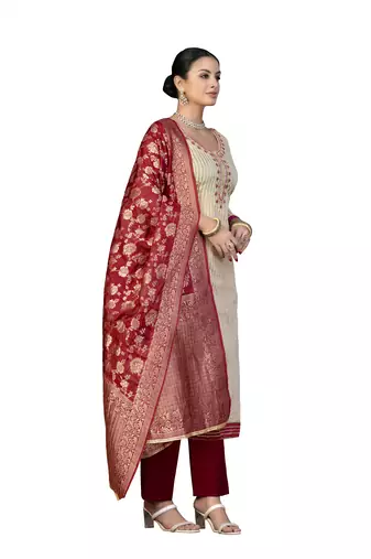 Women's beige hand work cotton dress material