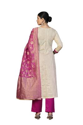 Women's beige hand work cotton dress material 3