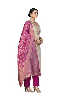 Women's beige hand work cotton dress material 4