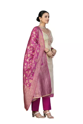 Women's beige hand work cotton dress material