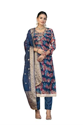 Women's multi unstitched hand work organza dress material 