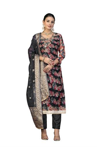 Women's multi unstitched hand work organza dress material 