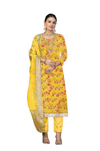 Women's multi unstitched hand work organza dress material 