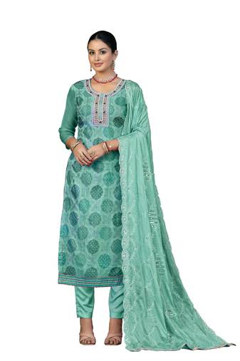 Women's sea green unstitched hand work organza dress material 