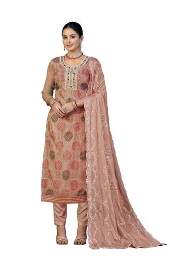 Women's rust unstitched hand work organza dress material 