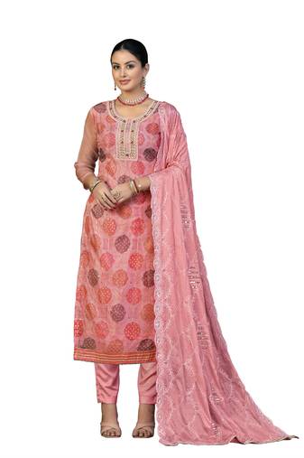 Women's peach unstitched hand work organza dress material 