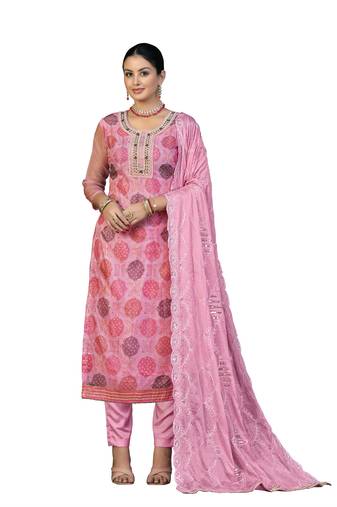 Women's pink unstitched hand work organza dress material 
