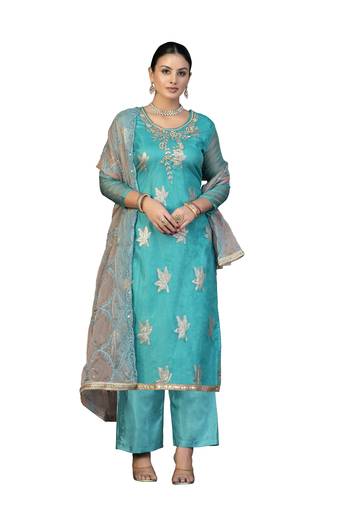 Women's sky blue unstitched hand work organza dress material 