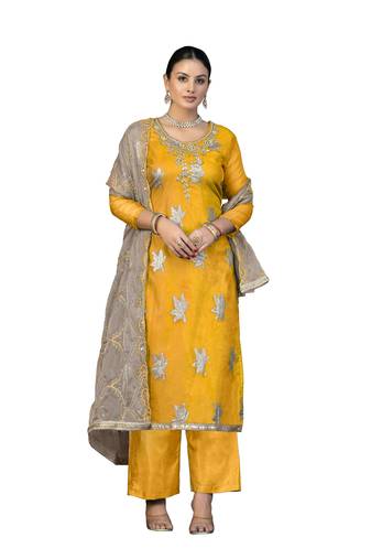 Women's orange unstitched hand work organza dress material 