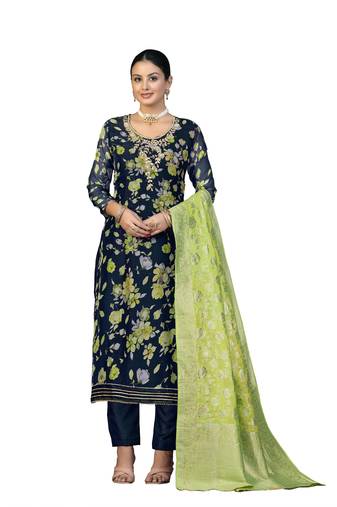 Women's blue unstitched hand work organza dress material 