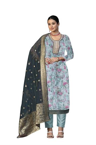 Women's multi unstitched hand work organza dress material 
