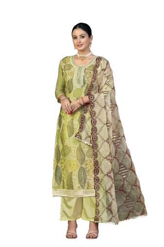 Women's green unstitched sequence work organza dress material 