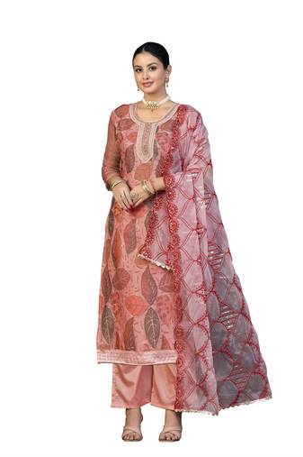 Women's peach unstitched sequence work organza dress material 