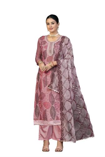 Women's pink unstitched sequence work organza dress material 