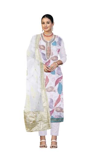 Women's off white unstitched sequence work organza dress material 