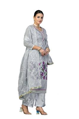 Women's grey hand work modal cotton dress material 4