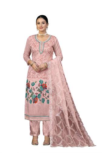 Women's peach unstitched hand work modal cotton dress material 