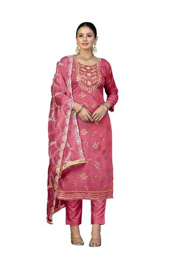 Women's pink unstitched hand work modal cotton dress material 