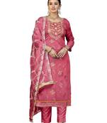 Women's pink unstitched hand work modal cotton dress material