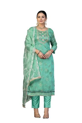 Women's sea green unstitched hand work modal cotton dress material 