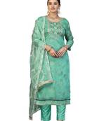Women's sea green unstitched hand work modal cotton dress material