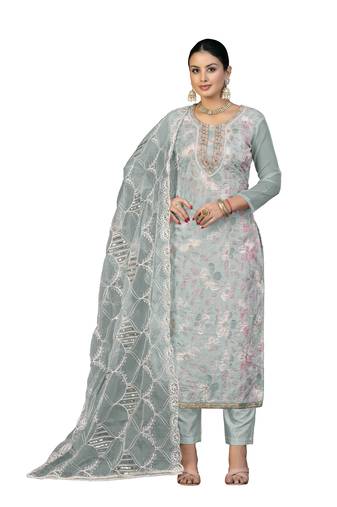 Women's sea green unstitched thread work organza dress material 