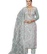 Women's sea green unstitched thread work organza dress material