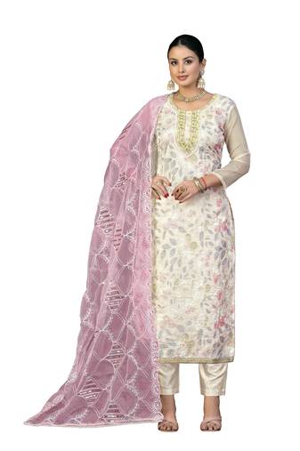Women's pink unstitched thread work organza dress material 