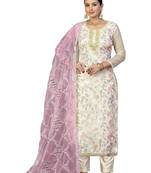 Women's pink unstitched thread work organza dress material 