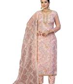 Women's peach unstitched thread work organza dress material 