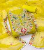 Women's lime green unstitched thread work organza dress material 