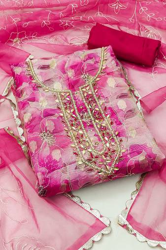 Women's multi unstitched hand work organza banarasi jacquard dress material 