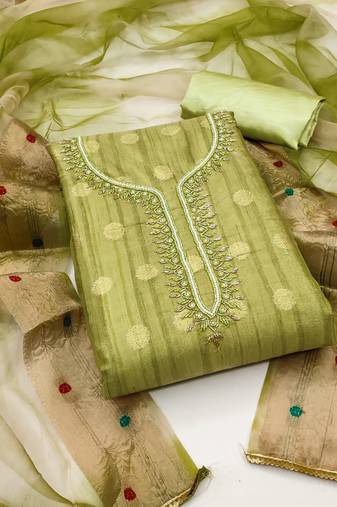 Women's pista green unstitched hand work modal cotton jacquard dress material 