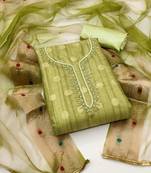 Women's pista green unstitched hand work modal cotton jacquard dress material