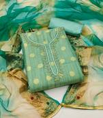Women's sea green unstitched hand work modal cotton jacquard dress material