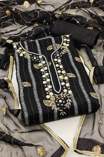 Women's black unstitched hand work modal cotton jacquard dress material 