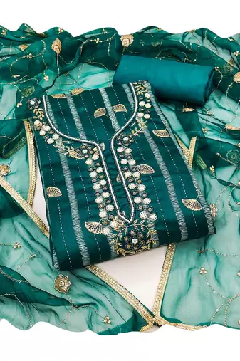 Women's rama green hand work modal cotton jacquard dress material