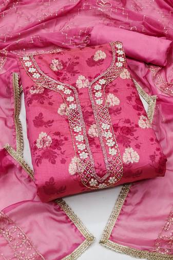 Women's pink unstitched hand work modal cotton jacquard dress material 