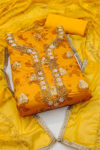 Women's yellow unstitched hand work modal cotton jacquard dress material 