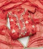 Women's rust unstitched hand work modal cotton jacquard dress material 