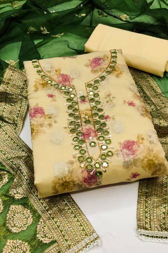 Women's yellow unstitched mirror work cotton jacquard dress material 