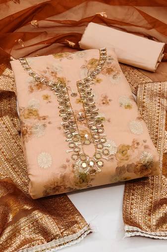 Women's peach unstitched mirror work cotton jacquard dress material 