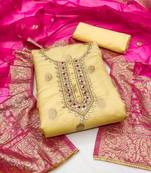 Women's yellow unstitched hand work organza jacquard dress material 