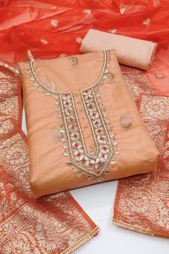 Women's peach unstitched hand work organza jacquard dress material 